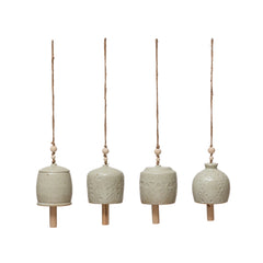 STONEWARE BELL W/ WOODEN BEADS